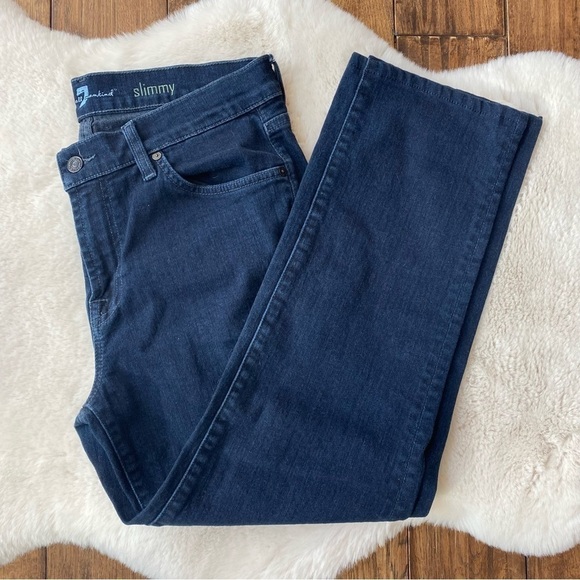 7 For All Mankind Dark Wash Blue Straight Leg Slimmy Jeans Women Size 32 - Picture 1 of 16